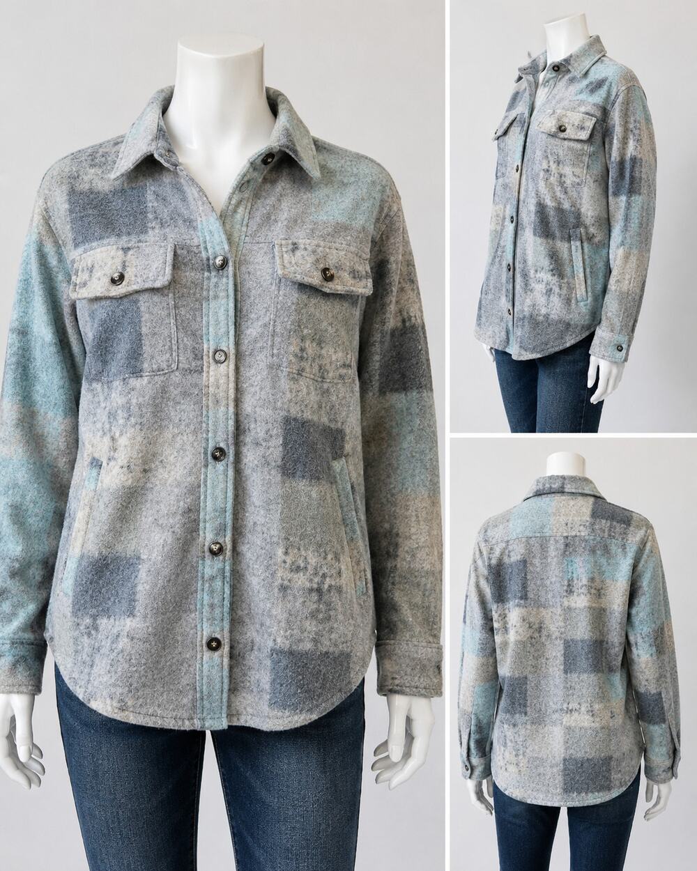 BiBi Women's Medium Plush Fleece Shacket Jacket Blue Gray Button Front Cozy